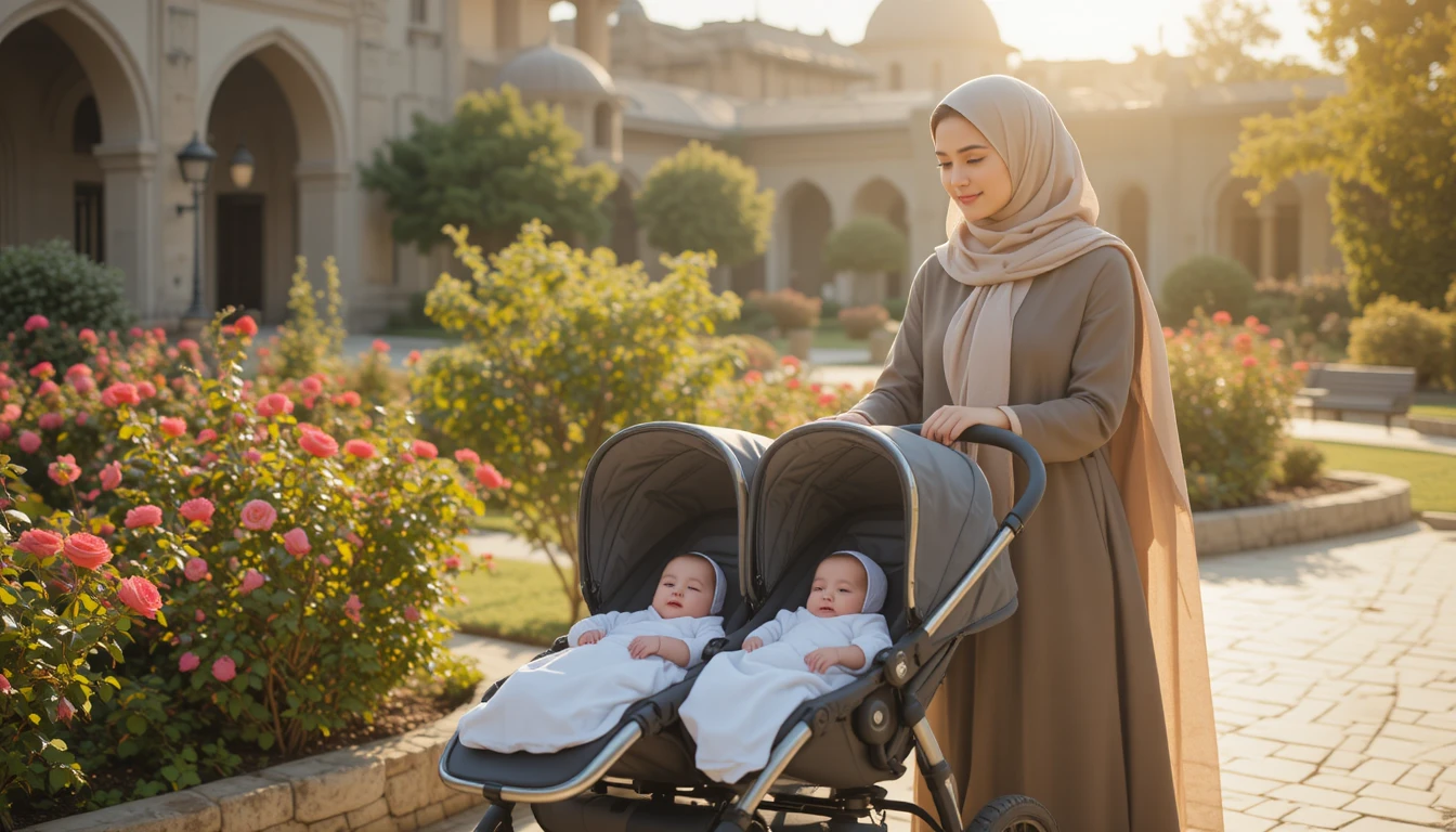 ## 📝 Image Production Prompt and Dimensional Specifications Prompt: > **A beautiful Iranian woman, wearing a stylish modest manteau and a traditional silk scarf (roosari), is pushing a modern double stroller with two peaceful twin babies (newborns) inside. The setting is a serene, sunlit Persian garden with historical architecture and rose bushes in the background. Photorealistic, soft golden hour lighting, high detail, taken with a Canon EOS R5.** --- **Image Dimensional Specifications:** * **Width:** 896 pixels * **Height:** 504 pixels ---